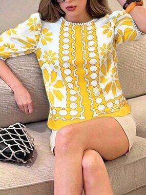 Yellow Casual Women's Floral Print Ruffle Trim Shirt